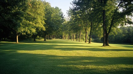 Fototapeta premium Sunlit trees line a grassy path, peaceful morning scene, nature background, ideal for tranquility