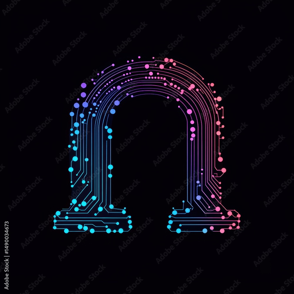Poster horseshoe design with neon circuit board pattern on dark background