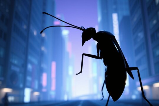 Giant ant in futuristic cityscape silhouette at dusk technology concept urban