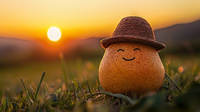 Smiling fruit wearing a hat enjoys a sunset in a peaceful grassy field