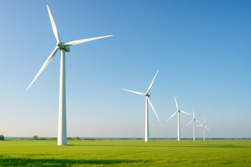 Fototapeta premium Row of large white wind turbines stretching across a lush green field under a clear blue sky on a sunny day—representing renewable wind energy, sustainable electricity generation