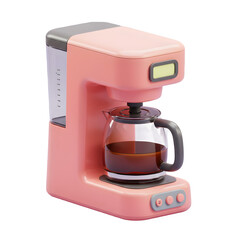 Pink coffee maker brewing a fresh pot of coffee. 3D icon, plastic illustration style on transparent or white background