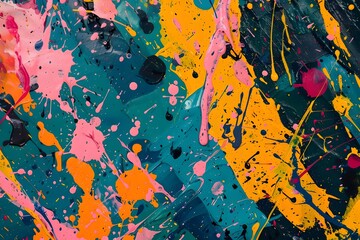 Vibrant Hues Dance Across Canvas: An Abstract Expression of Color, Texture, and Form with Bold Splashes and Drips of Paint, Creating a Dynamic and Energetic Composition.