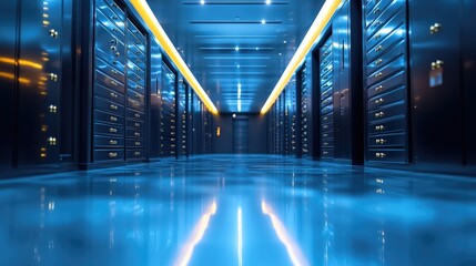 Modern server room interior, illuminated by bright lights.