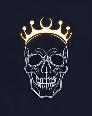 Skull with moon crown line art glowing in the dark on plain dark background