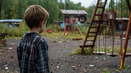 Obraz premium A boy is standing in a park with a playground in the background