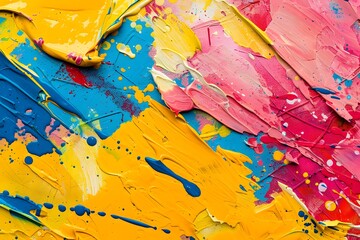 Vibrant Hues Dance Across Canvas: An Abstract Painting Explodes with Bold Colors, Energetic Brushstrokes, and Joyful Splashes, Creating a Masterpiece of Textural Depth and Visual Excitement.  A Sympho
