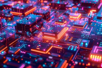 Obraz premium Exploring the Futuristic Circuits: A Visual Journey into the Intricate World of Advanced Microchip Technology, Revealing the Complex Interconnections and Illuminating the Path of Digital Innovation wi