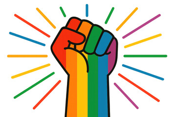 Clenched rainbow fist with colorful radial burst and black outline symbolizing strength pride equality, 3D, Copy Space, Isolated
