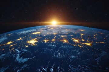 Obraz premium Realistic view of the Earth from space, illuminating the city lights and network connections, global communication