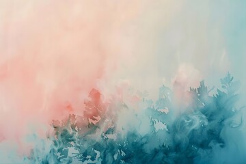 Abstract Teal and Peach Watercolor Landscape:  A Serene and Dreamlike Artistic Expression, Evoking Tranquility and Inner Peace with Soft Pastel Hues.