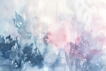 Abstract Watercolor Painting: Ethereal Blues and Rose Hues Blend Seamlessly in a Dreamlike Landscape, Evoking Serenity and Tranquility Through Delicate Brushstrokes.