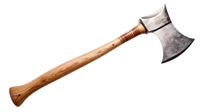 Sharp axe with sturdy wooden handle, high-quality cutting tool isolated on white background
