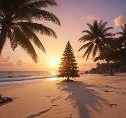 Fototapeta premium Lighted Christmas tree on a deserted tropical beach at sunset , relaxation, beach