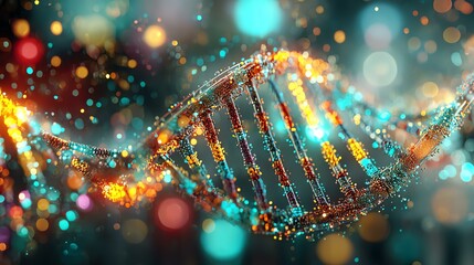 Colorful DNA strand with glowing particles.