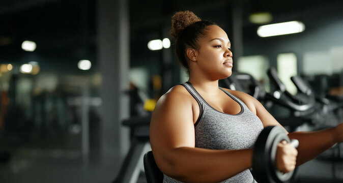 Plus size woman lifting dumbbells and training indoors at the gym, showcasing strength and determination. Generated image