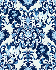 Fototapeta premium Victorian Baroque floral with elegant blue damask curls.