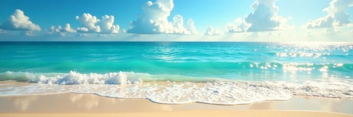 Obraz premium Summery scene with sunlight on sandy shore by turquoise sea, serene, sand