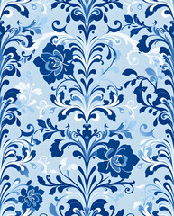 Victorian Baroque floral with elegant blue damask curls.