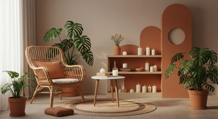 Fototapeta premium Serene Earthy Tones Living Room Interior Design with Rattan Chair and Plants