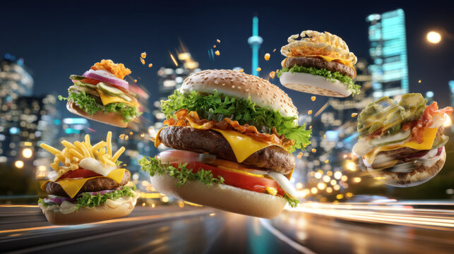 Delicious burgers float magically in a vibrant cityscape at night, showcasing a delightful blend of fast food and urban fantasy with mouthwate ingredients. - Powered by Adobe