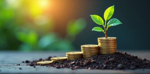 Vector image of financial investment concept with money plant and coins, investing, savings, wealth