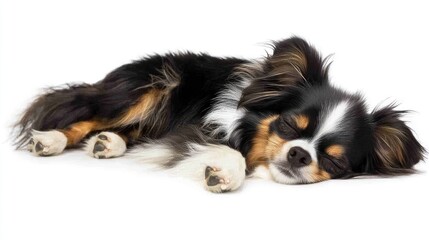 A sleeping small dog, lying relaxed on white background.