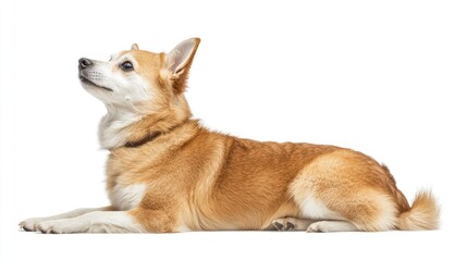 Profile view of a light tan dog lying down against white background.