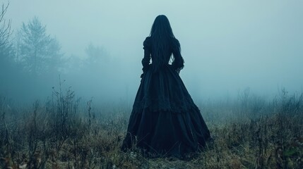 Woman in long dress foggy field mysterious atmospheric back view