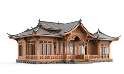 Fototapeta premium Asian-style wooden house, architectural design, white background, isolated rendering, home design