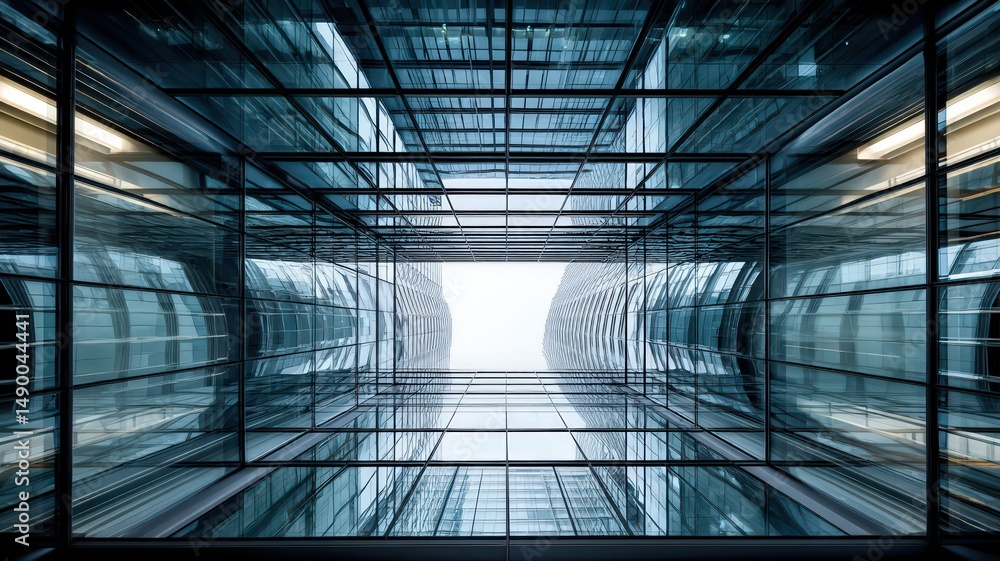 Poster reflection of a modern building in glass creating a perfect vertical perspective