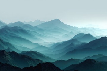 Obraz premium A foggy mountain landscape with soft gradients of blue and green, isolated on clean white background