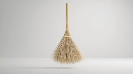 A light-beige, natural fiber broom with a light-wood handle, subtly floats against a minimalist off-white backdrop.  Its triangular head is densely packed with straw-like bristles