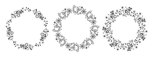Winter frame set. Hot drinks, spices, winter twigs. Three round frames, wreaths. Plant elements, cups, cloves, anise prints for greeting card, menu, cafe. Christmas, New Year, winter doodle sketchs.