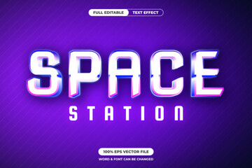 Obraz premium Futuristic Space Station text effect with neon glow and sharp techno style. Ideal for sci fi titles, games, or digital posters. Fully editable vector EPS format.