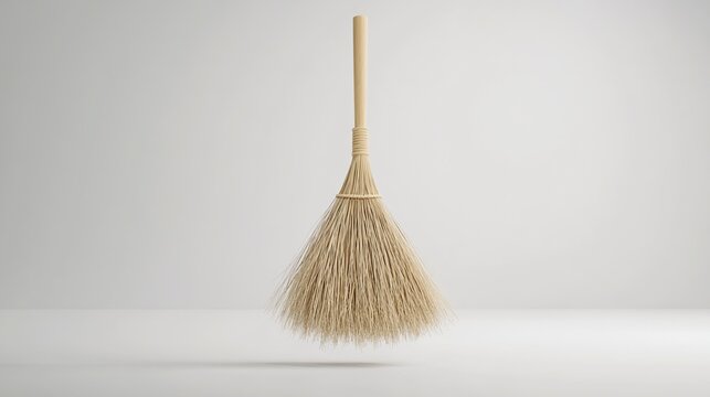 A light-beige, natural fiber broom with a light-wood handle, subtly floats against a minimalist off-white backdrop.  Its triangular head is densely packed with straw-like bristles