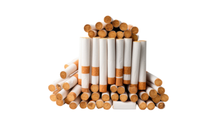 Close-up stock of cigarettes arranged in a pack, tobacco products isolated on white background