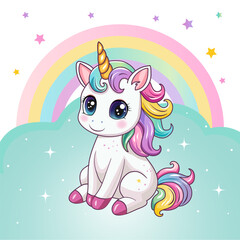 Cute unicorn on a rainbow background. A postcard; a banner. Vector illustration