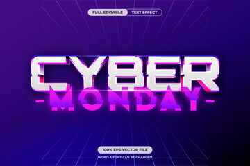 Retro futuristic Cyber Monday text effect with glitch and neon style, perfect for digital sale promos and tech campaigns. Fully editable EPS vector format.