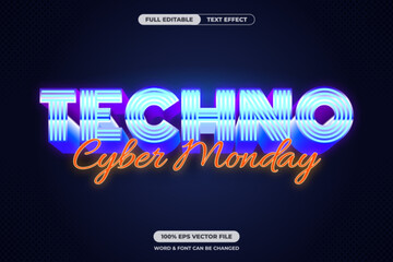 Bright and retro Techno Cyber Monday text effect with glowing stripes and cursive highlight. Perfect for online shopping ads, promotions, or digital flyers. Fully editable vector format