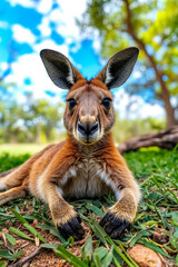 Fototapeta premium A kangaroo laying on the ground in the grass