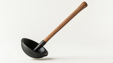 A sleek, black hemispherical plunger with a long, light brown wooden handle is shown at a slight angle against a stark white background