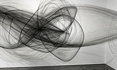 Abstract installation of black wire art creating dynamic movement on a gallery wall - Powered by Adobe