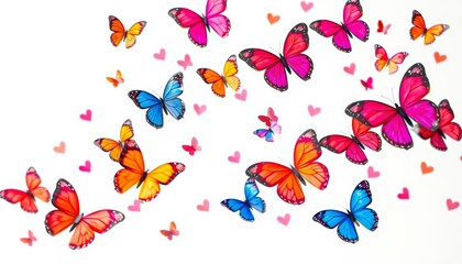 Vibrant heart butterflies flutter in a whimsical flock against a pure white backdrop, illustration, wings