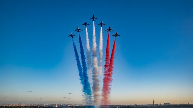 Fighter jets perform aerial show with colored smoke trails over large crowd
