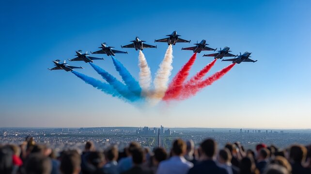 Fighter jets perform aerial show with colored smoke trails over large crowd