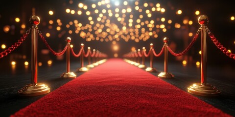 Red carpet lined with ropes and lights creates an elegant atmosphere for an upcoming event in a grand venue