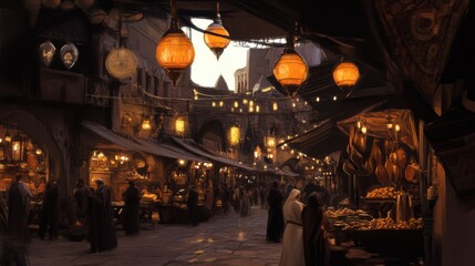Vibrant Marketplace Scene with Lanterns and Visitors at Dusk