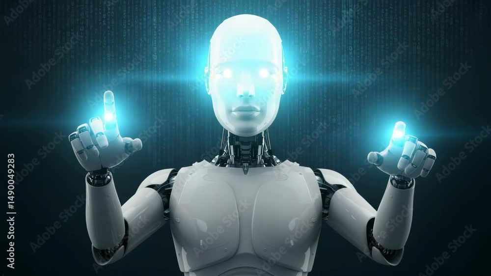 Poster humanoid robot with glowing eyes interacting with a digital interface, concept for artificial intell