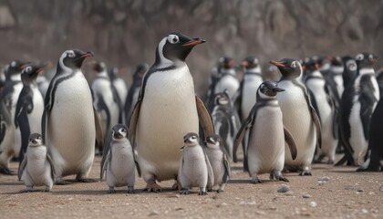 Fototapeta premium Humboldt penguin chick amongst adult penguins , south america, shore, water